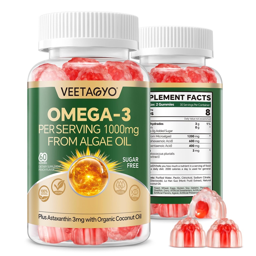 Vegan Omega 3 Gummies 1200mg - double couche - Huile de poisson alternative, supplément d'algues marines Omega 3 DHA 600mg, EPA 400mg avec astaxanthin, sans sucre, 60 Cts