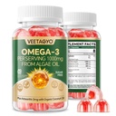 Vegan Omega 3 Gummies 1200mg - double couche - Huile de poisson alternative, supplément d'algues marines Omega 3 DHA 600mg, EPA 400mg avec astaxanthin, sans sucre, 60 Cts