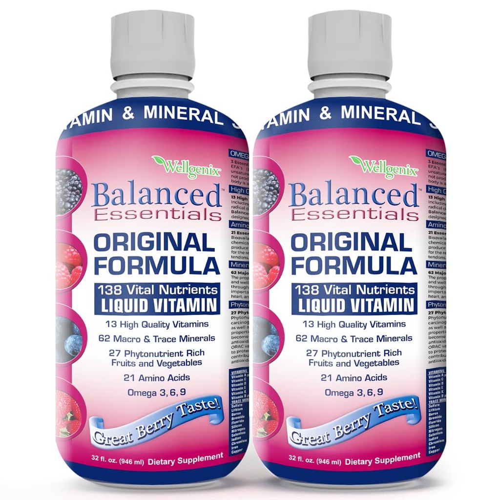 Wellgenix Balanced Essentials Plus Nouvelle formule - Berry Flavor 32oz (paquet de 2) - Vitamine liquide - Supplément multivitamine complet - Immune Boosting & Global Health - Adultes, enfants, tout-petits