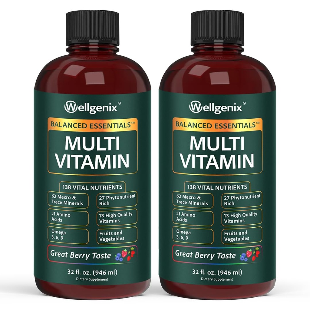 Wellgenix Balanced Essentials Plus Nouvelle formule - Berry Flavor 32oz (paquet de 2) - Vitamine liquide - Supplément multivitamine complet - Immune Boosting & Global Health - Adultes, enfants, tout-petits