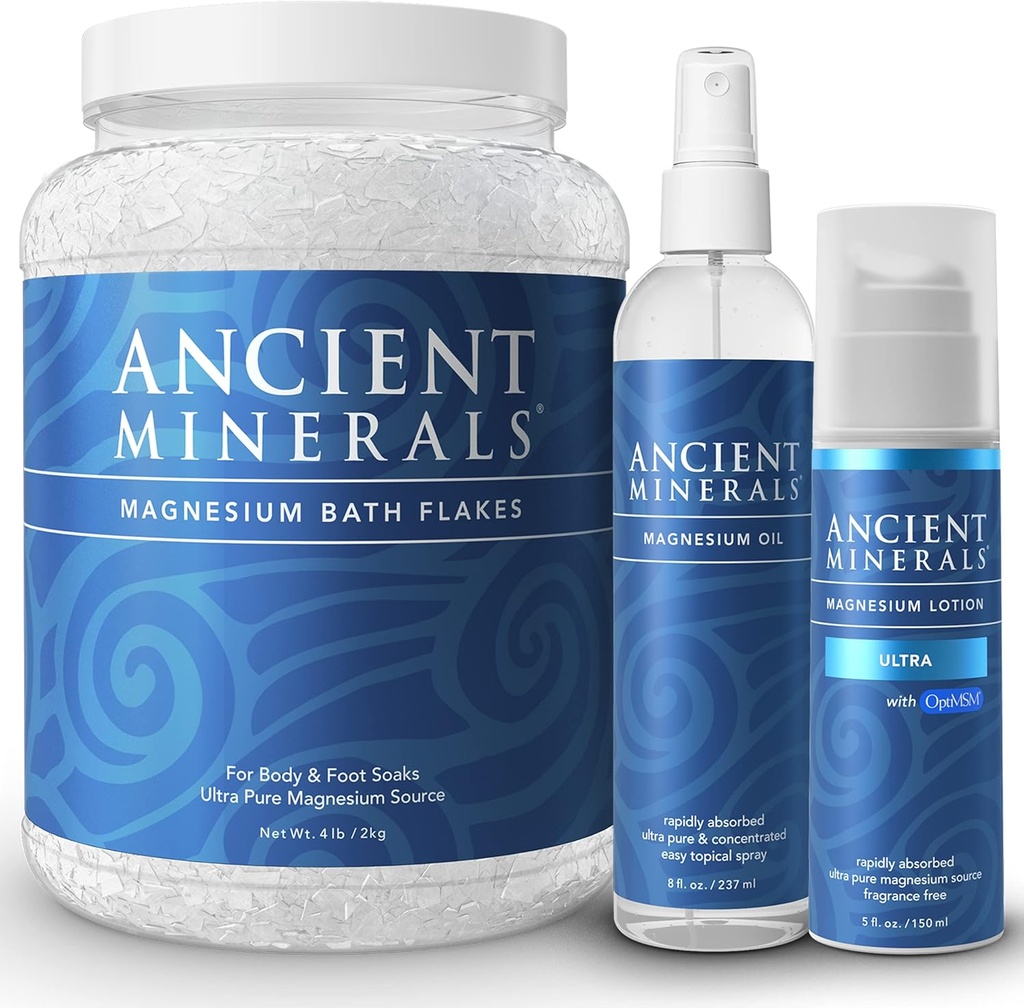 Ancient Minerals Flakes de bain de magnésium - Spray d'huile de magnésium et Lotion Ultra avec MSM - Haute efficacité d'absorption pour la relaxation, le bien-être et le soulagement musculaire