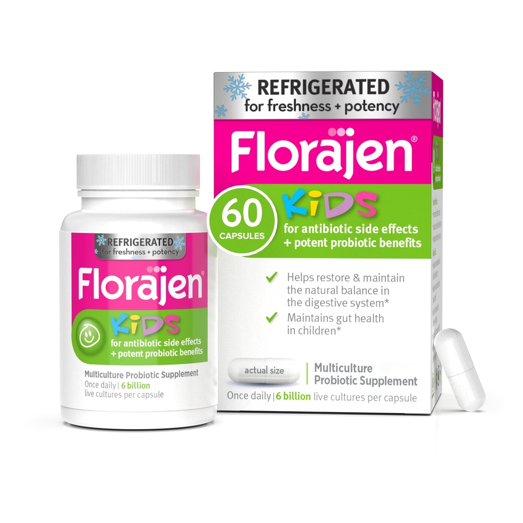 Florajen Kids Probiotic - Aide quotidienne Gut & Immune pour les enfants 6 mois et plus - Constipation, Bloating, & Digestive Relief - Réfrigéré pour la fraîcheur et la puissance - 60 capsules