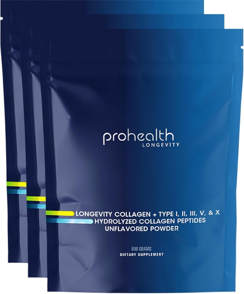 ProHealth Longevity Collagen Peptides Poudre - pour les personnes de plus de 40 ans. 20g Multi Collagen. 2g Pro-Collagen. Acide hyaluronique. Type I, II, III, V, X pour les articulations, les os, les cheveux, la peau, les muscles, le museau - (3 paquets)