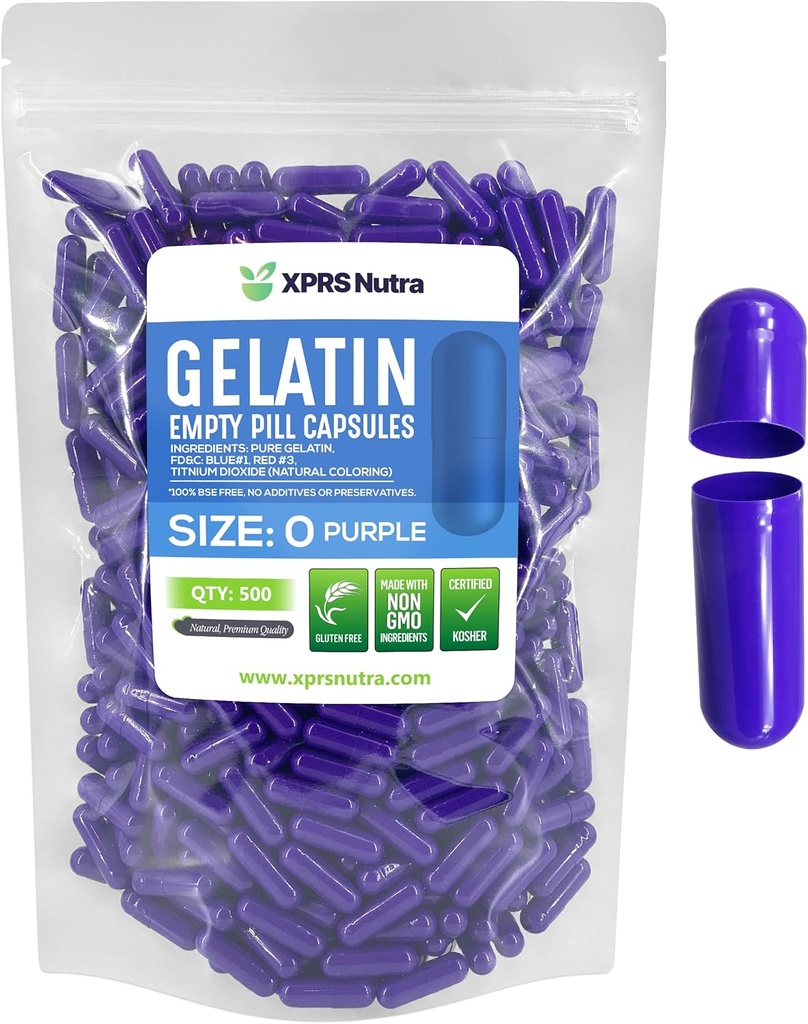 XPRS Nutra Taille 0 Capsules vides - 500 Compte Capsules de gélatine vides - Pills Bricolage Capsule Remplissage - Pure Pilule Gel Caps pour Do-It-Youlf Suppléments (Purple)