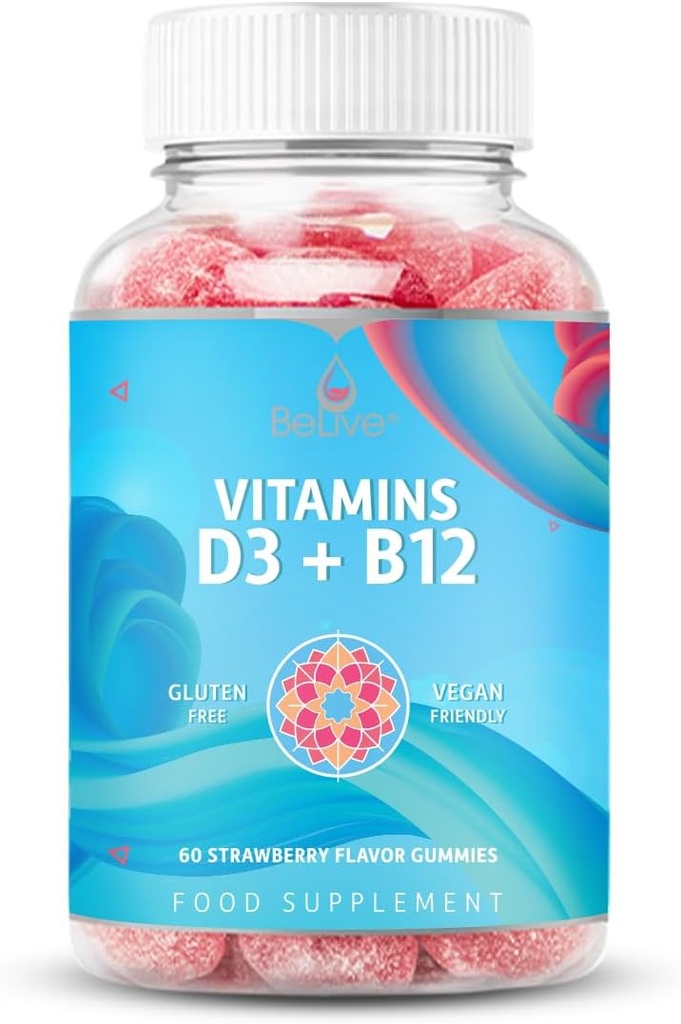 Gommies BeLive Vitamine D3 avec B12 Vitamines - 60 Ct I Immmune Soutien Gommies avec Vitamine Vegan B12 & D3, Fournit une force osseuse et musculaire améliorée, la santé cardiaque et l'énergie - Flaveur de fraises