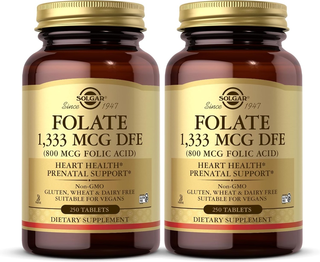 Solgar Folate 1,333 mcg DFE (acide folique 800 mcg) - 250 comprimés, lot de 2 - Soutien prénatal - Non-OGM, végétalien, sans gluten, sans produits laitiers, casher - 500 Total des portions
