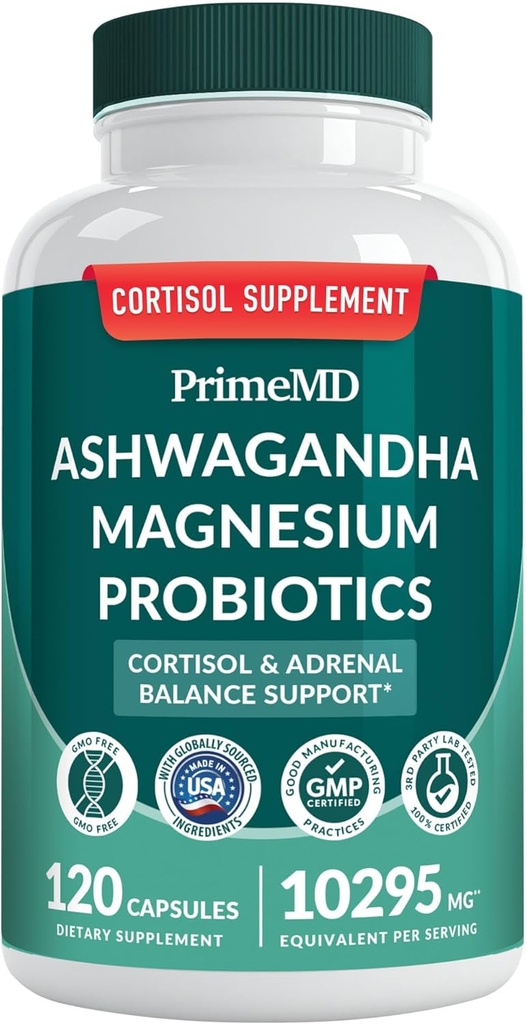 Supplément de cortisol 5-en-1 pour les femmes et les hommes avec Ashwagandha pour le calme, le focus et les suppléments de soutien adrénal avec extrait Shilajit, glycine de magnésium, probiotiques (120 ct) (paquet de 1)
