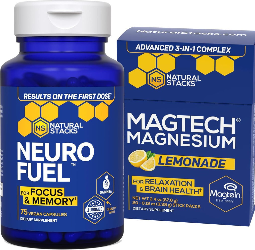 STACKS NATURAUX MagTech Magnesium Lemonade + NeuroFuel Nootropic Bundle - Soutient Focus & Crain Health* - 45 Total des services