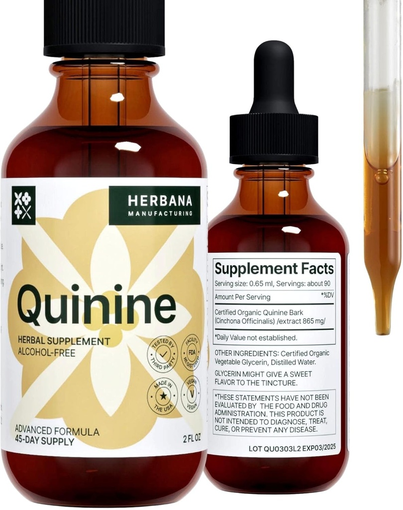 Extrait de liquide de quinine 2 fl oz - Supplément pour le soutien de la santé digestive - gouttes naturelles liquides - Cinchona Officinalis Bark - Teinture pour la défense des crampes pour homme et femme - Haute puissance - 45 jours d'approvisionnement