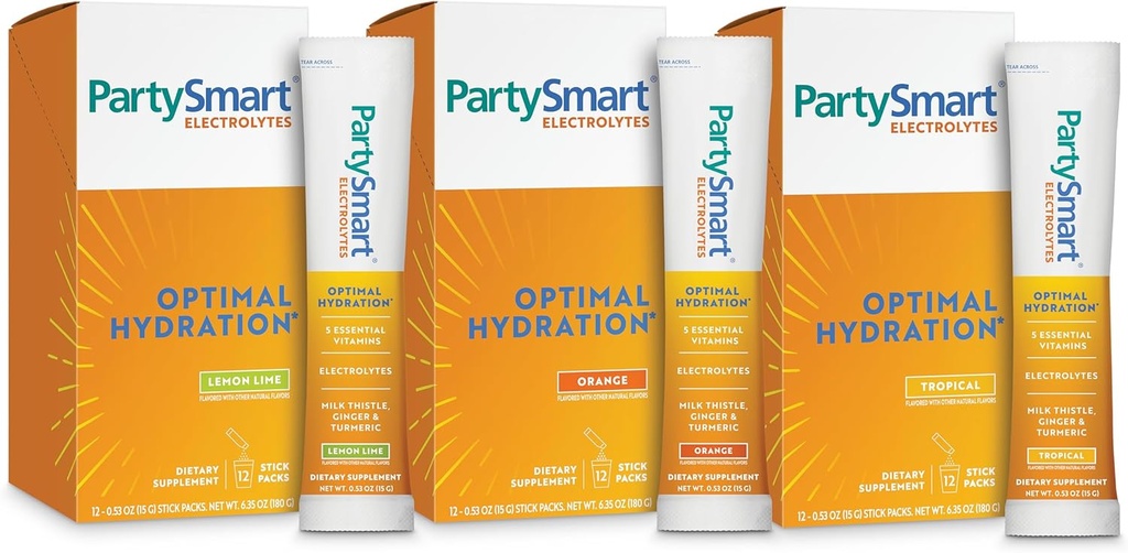Himalaya PartySmart Electrolytes, Flavor Variety Pack - soutient l'hydratation optimale avec vitamine C, B12, B6, Niacine et chardon de lait - végétalien, sans gluten, 1330 mg de 3 électrolytes clés par portion