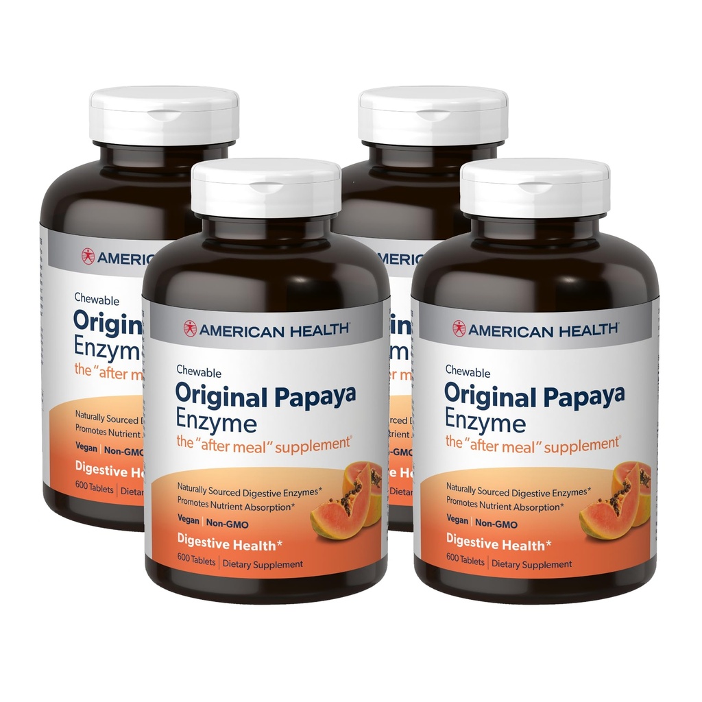 American Health Original Papaya Enzyme - 600 comprimés à croquer, paquet de 4 - Le supplément après-repas - non-OGM, végétalien - 800 Total des services