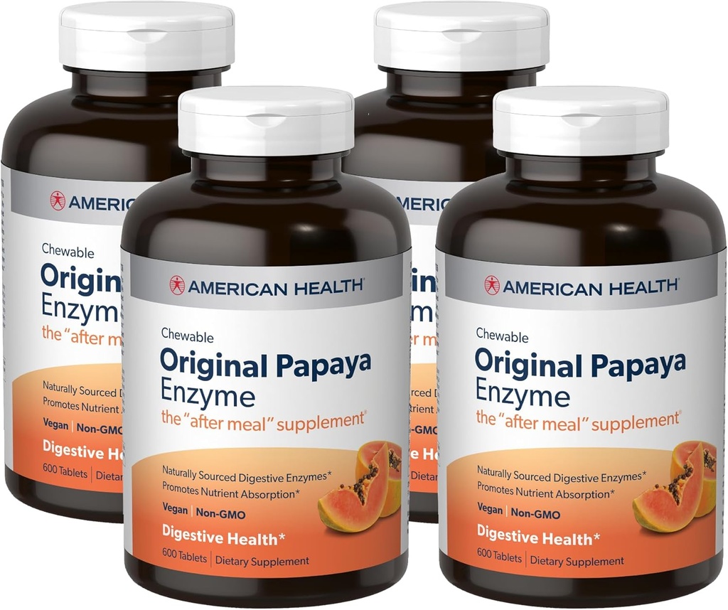 American Health Original Papaya Enzyme - 600 comprimés à croquer, paquet de 4 - Le supplément après-repas - non-OGM, végétalien - 800 Total des services