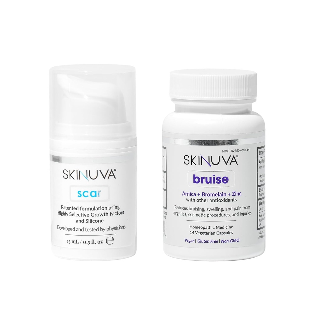 Skinuva® Scar (0,5 oz) & Bruise (14 gélules) - Crème de silicone avancée avec facteurs de croissance et traitement homéopathique de l'humidité avec Arnica, Bromelain & Zinc