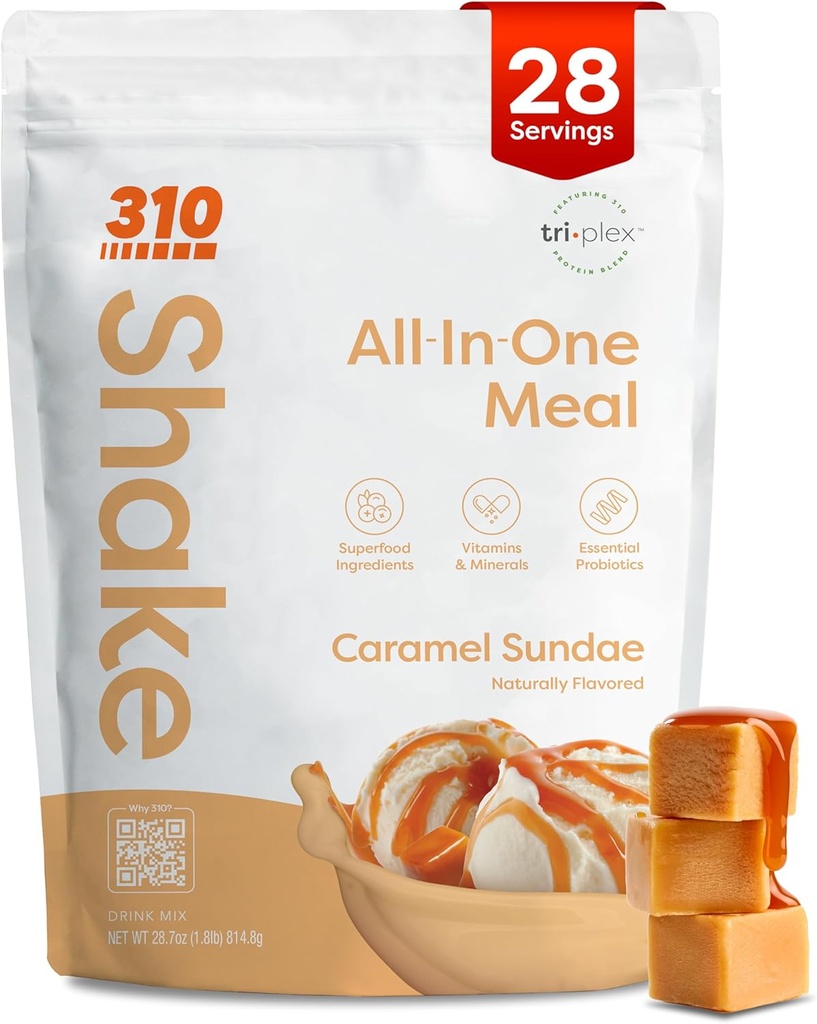 310 Nutrition All-In-One Meal Substitut Shake Powder - Plant-Based Protein Smoothie Blend avec haute fibre, probiotiques et adaptogènes - Faible teneur en glucides, végétaliens, kéto et paléo - Caramel Sundae - 28 Srv