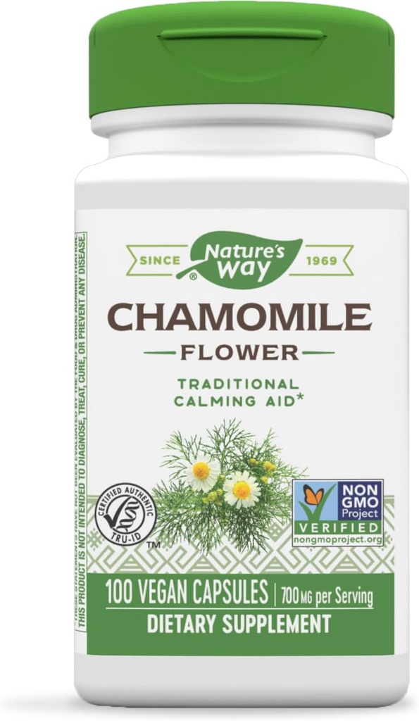 Nature's Way Camomile Flower - 700 mg par portion de 2-capsules- Aide traditionnelle au calmant* - Supplément à base de plantes - Projet non OGM Vérifié et sans gluten - 100 capsules de végétalien