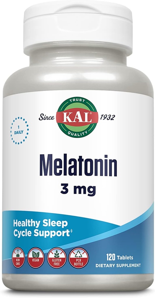 KAL Melatonin 3mg Aide au sommeil, Dissoudre rapidement les comprimés de mélatonine, Calmer la relaxation et soutenir le cycle de sommeil sain, avec la vitamine B6, végétalien, sans gluten, non-OGM, 120 portions, 120 Tabs actifs