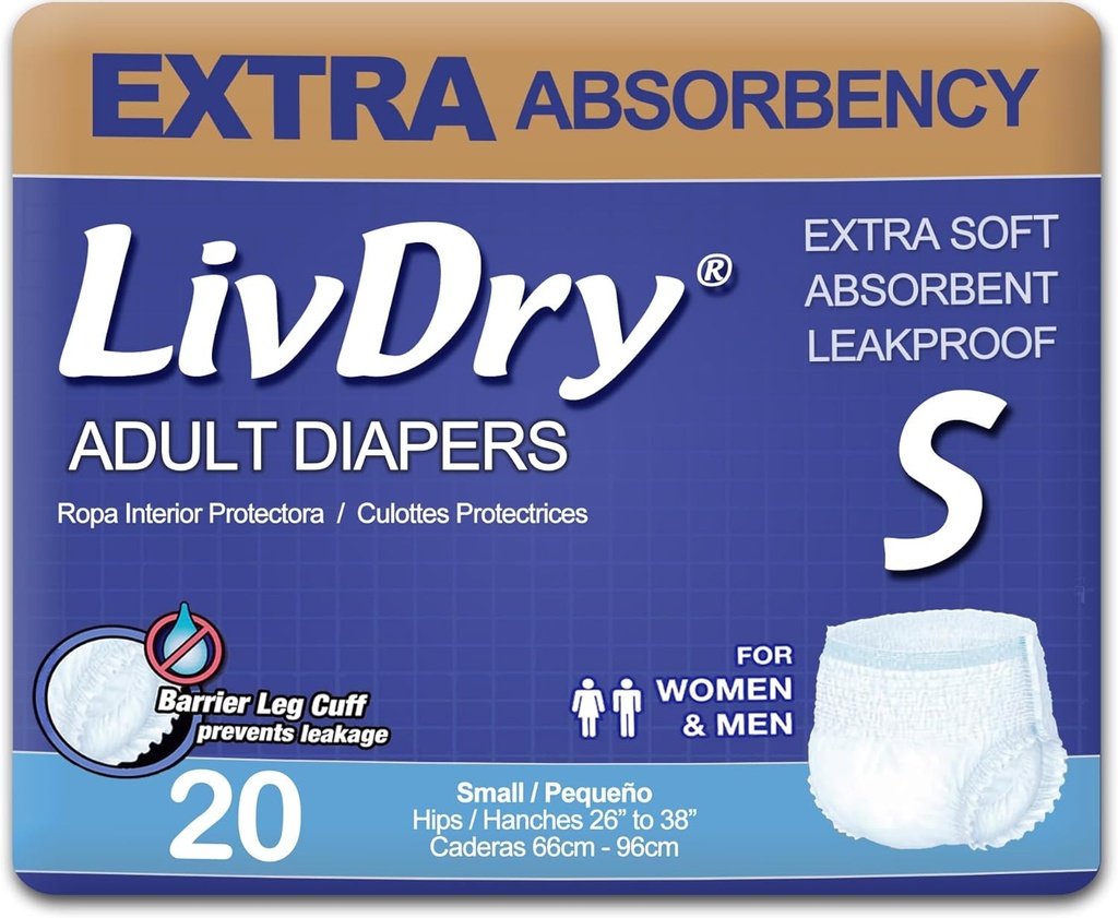 Sous-vêtements d'incontinence pour adultes LivDry, couches pour adultes supplémentaires, protection contre les fuites, petit paquet de 20