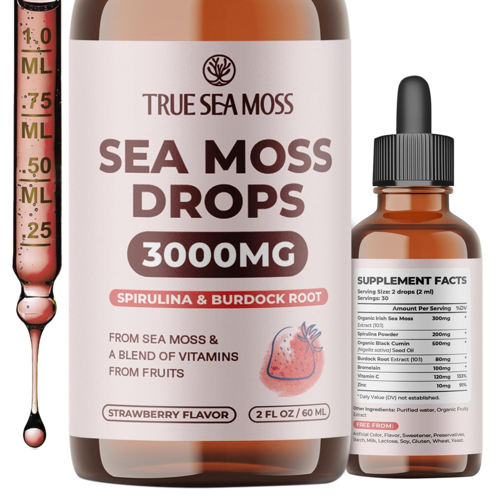 TrueSeaMoss Irish Sea Moss Drops - 5X Plus fort que le gel de mousse de mer - 92+ Minéraux essentiels - avec poudre de Spiruline, racine de Burdock et cumin noir - 2 Fl Oz (60ml) - Arôme frais