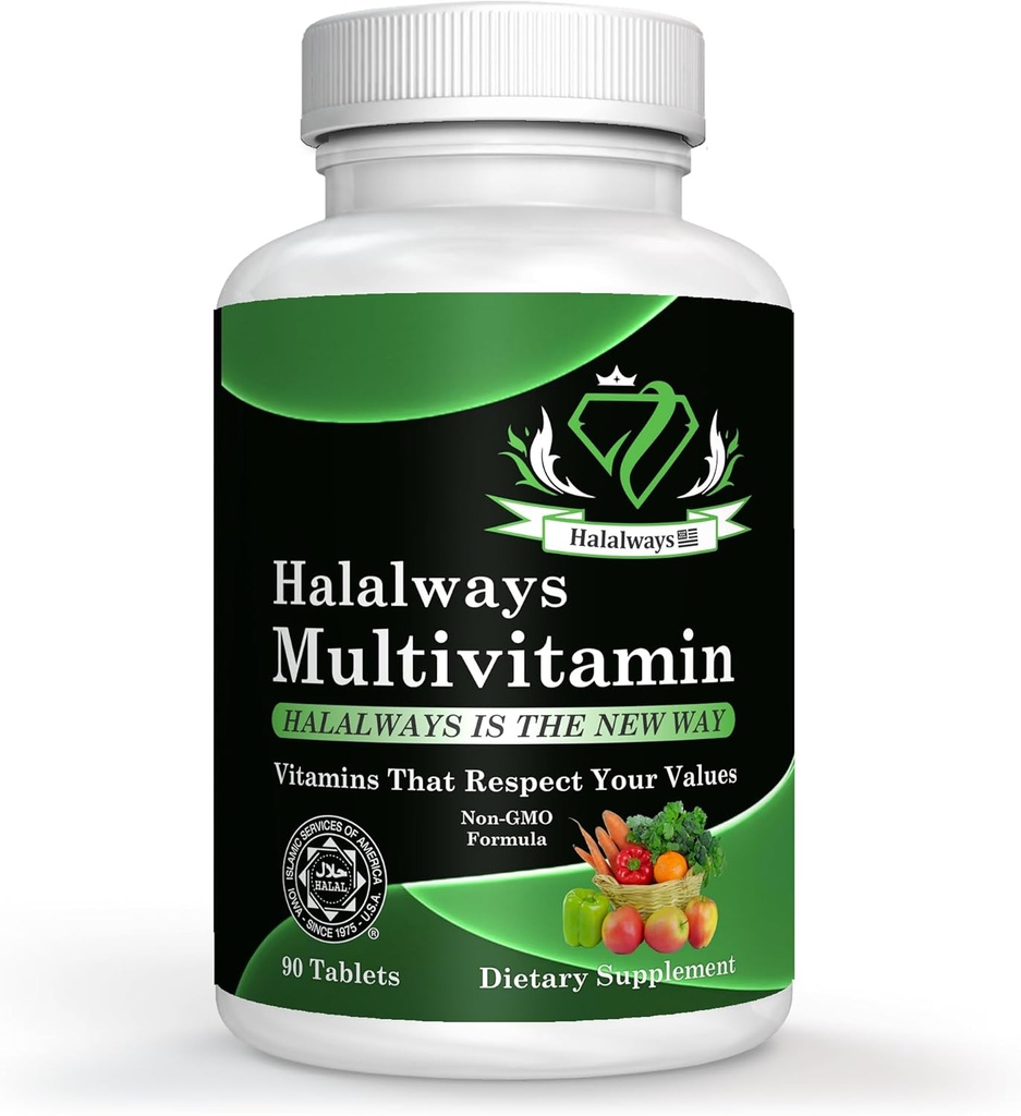 Halalways Multivitamine certifié Halal Multivitamine, Comprimé de supplément avec vitamine A, vitamine C, vitamine D, vitamine E et zinc pour le soutien de santé immunitaire, B12, calcium et plus