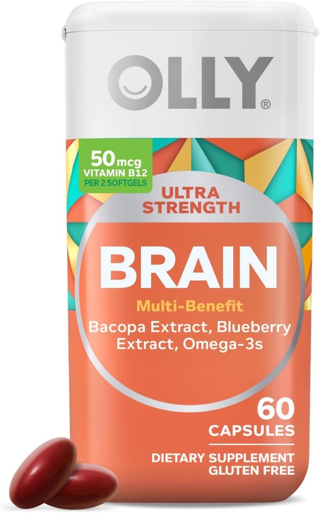 OLLY Ultra Strength Cerveau Softgels, Nootropic, soutient la fonction cérébrale saine, la mémoire, la concentration et la concentration, Oméga-3s, vitamines B6 et B12, 30 jours d'approvisionnement - 60 comtes