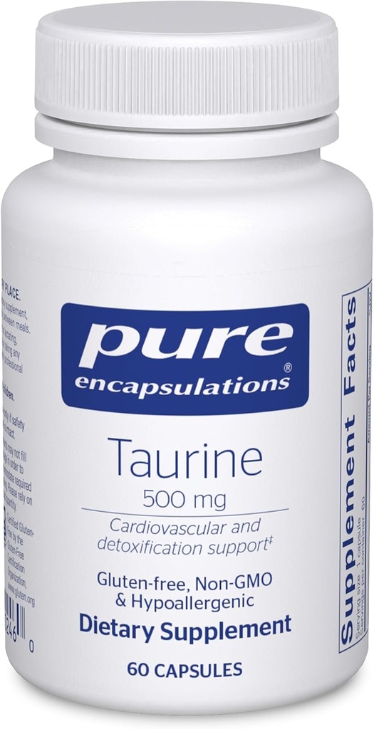 Encapsulations pures Taurine 500 mg de supplément acide amino pour le foie, la santé des yeux, les antioxydants, le cœur, le cerveau et les muscles*