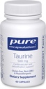 Encapsulations pures Taurine 500 mg de supplément acide amino pour le foie, la santé des yeux, les antioxydants, le cœur, le cerveau et les muscles*