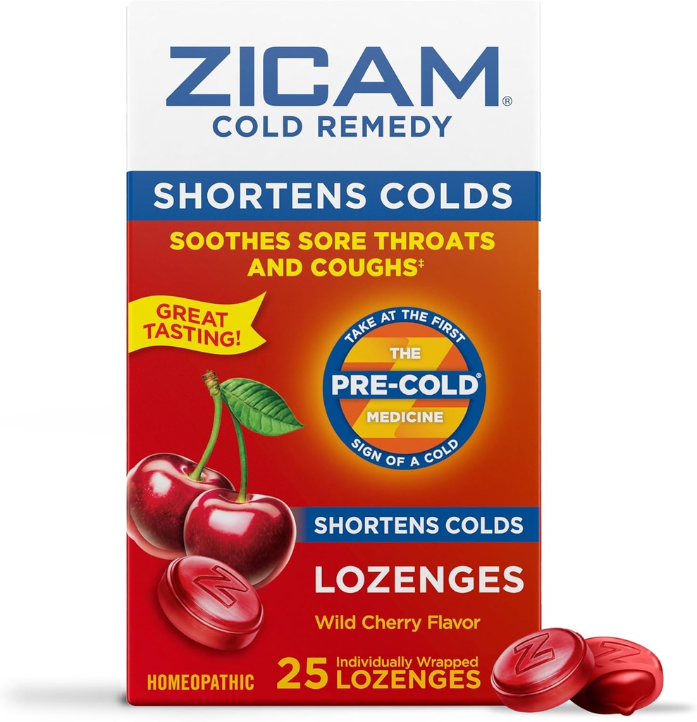Zicam Cold Remedy Zinc Lozenges, Saveur de cerise sauvage, homéopathique, Gorge et Toux douloureuses, Médecine de raccourcissement du froid, raccourcissement de la durée du froid, 25 Compte