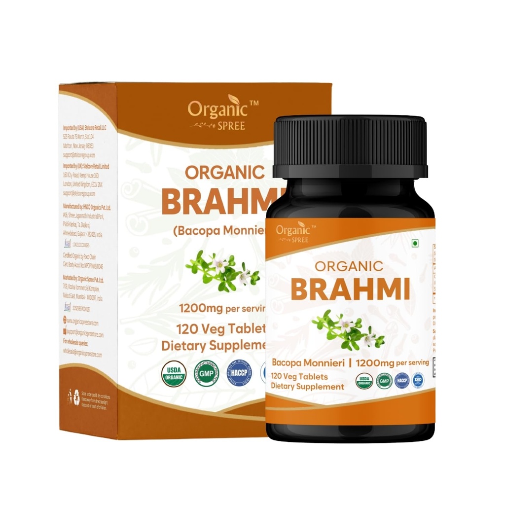 Brahmi 120 comprimés – Supplément biologique de Bacopa Monnieri de l'USDA – Supporte Focus, Calme et Mémoire – Nootrope à base de plantes*
