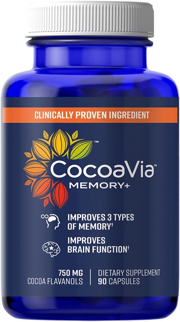 Supplément CocoaVia Memory+ Cerveau, Mémoire prouvée cliniquement et Booster Cerveau, Supplément à base de plantes, Sans sucre, Sans gluten, Vegan, 750 mg Cocoa Flavanols Capsules, 30 jours d'approvisionnement