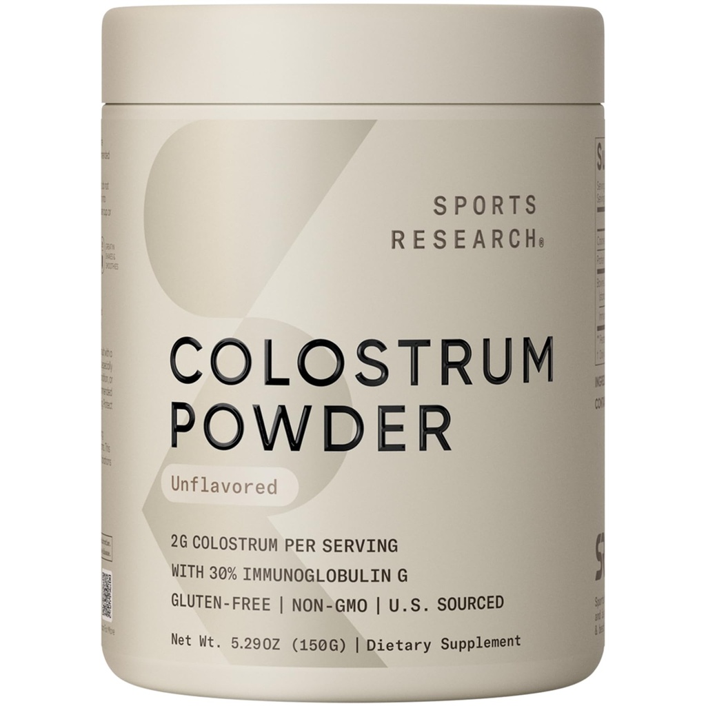 Sports Research® Poudre de colostrum de Bovine – Facile à mélanger, Superfood mono-ingrédient – Immunity Support & Gut Health w/IgG Antibodies - U.S. Source · Non-OGM · Sans gluten - 75 portions (non aromatisées)