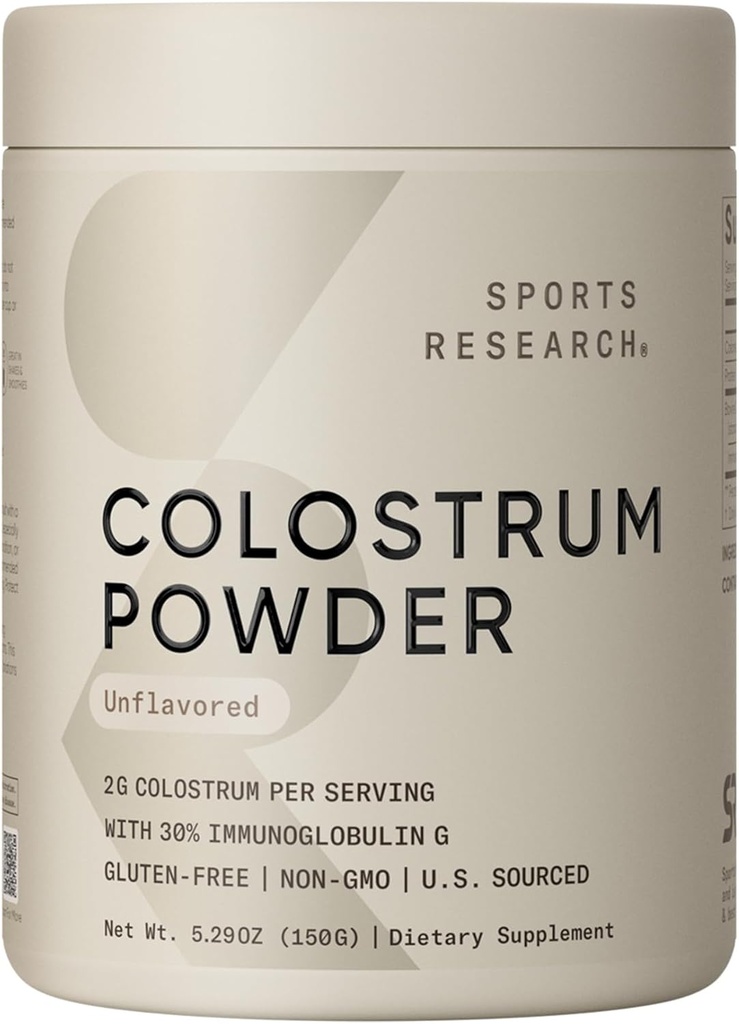 Sports Research® Poudre de colostrum de Bovine – Facile à mélanger, Superfood mono-ingrédient – Immunity Support & Gut Health w/IgG Antibodies - U.S. Source · Non-OGM · Sans gluten - 75 portions (non aromatisées)