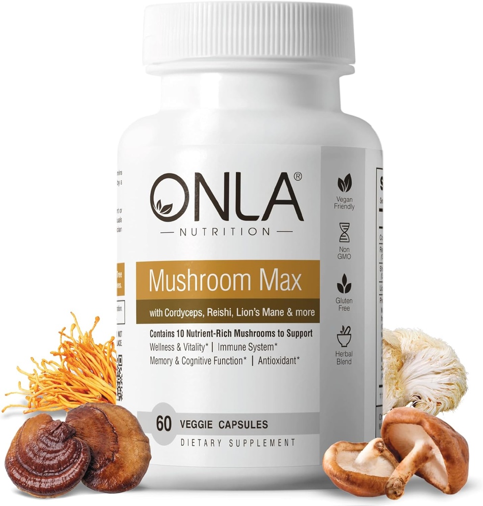 Supplément de champignons végétaliens ONLA - 10-en-1 Lions Mane Mushroom, Reishi Mushroom, Cordyceps, Shiitake - Capsules de champignons pour système immunitaire, Suppléments de cerveau naturel pour mémoire et focus (60 capsules)