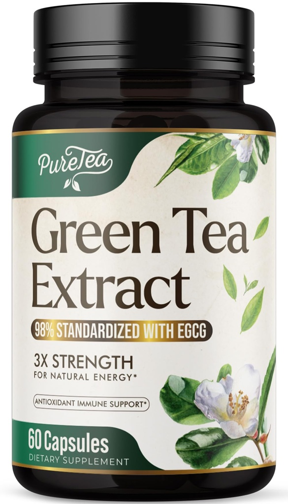 Capsules d'extrait de thé vert 1000mg avec 45% d'EGCG et 98% de polyphénols pour le soutien cardiaque avec des antioxydants - 3X Absorption Pills de thé vert Supplément pour l'énergie naturelle, caféine douce - 60 Capsules