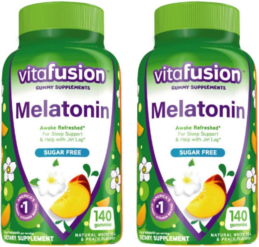 Vitafusion 3 mg Melatonin Supplément Gummy, Réveillez-vous rafraîchi, Soutien du sommeil et Jet Lag Aid, Sans sucre, Supplément alimentaire, Thé blanc naturel et saveurs de pêche, 140 Compte (paquet de 2)