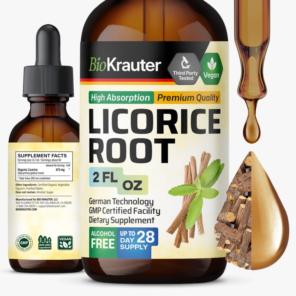 Teinture de racine de réglisse BIO KRAUTER - Extrait de racine de réglisse pour le soutien digestif - Sans alcool et sans sucre - gouttes de végétalien 2 Fl.Oz.
