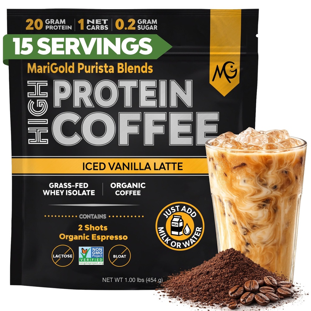Café à haute teneur en protéines de MariGold - Latte de vanille glacée, 20g Protéines de lactosérum à l'herbe Isolée, énergie et stimulation de l'entraînement, 2 shots Espresso biologique, non-OGM, 1 Net Carb, 1 Lb sac, 15 portions