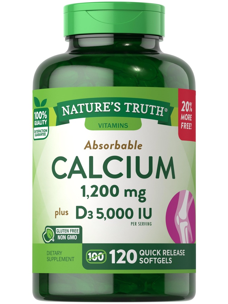 Nature's Truth Calcium 1200 mg Plus Vitamine D3 5000 UI Suppléments, 120 Compte (paquet de 3)