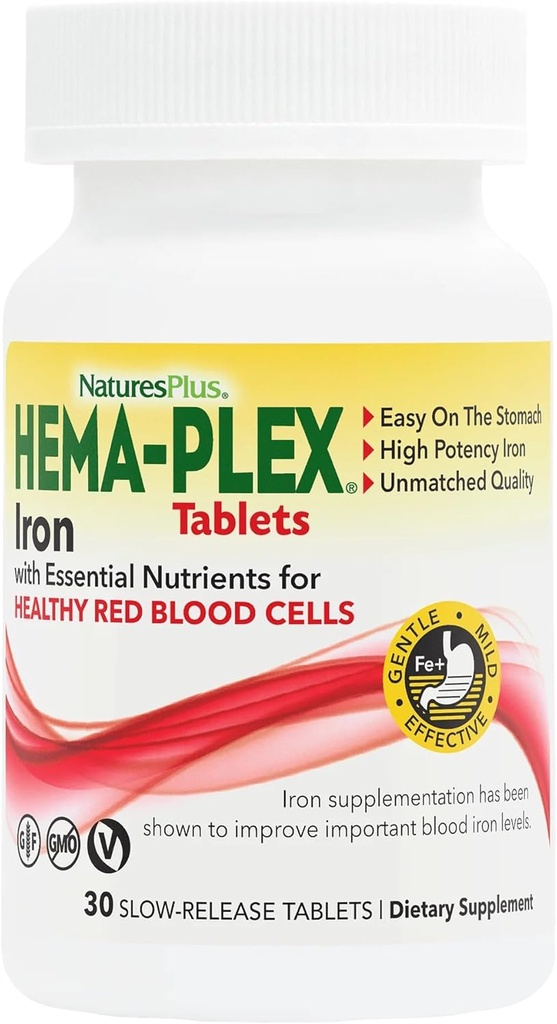 NaturesPlus Hema-Plex Fer - 30 comprimés à libération lente - 85 mg Fer chélaté - Santé totale du sang - avec vitamine C et bioflavonoïdes - Sans OGM, sans légumes et sans gluten - 30 portions
