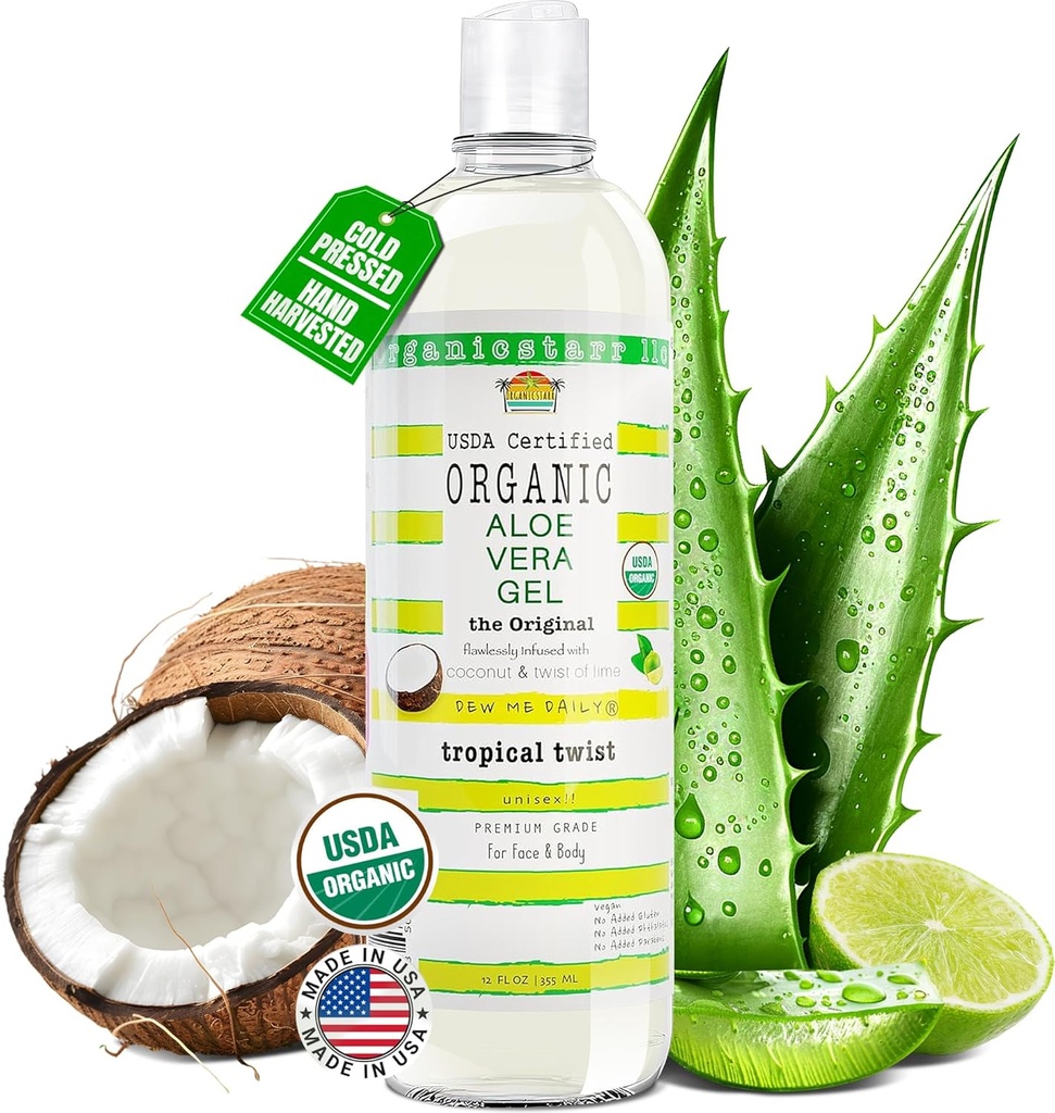 Aloe Vera Gel biologique certifié USDA 12 oz - 100% pur, pressé à froid, récolté à la main, infusé avec des huiles essentielles de noix de coco, de chaux et de verveine, sans produit chimique - soin de la peau et des cheveux, fabriqués aux États-Unis
