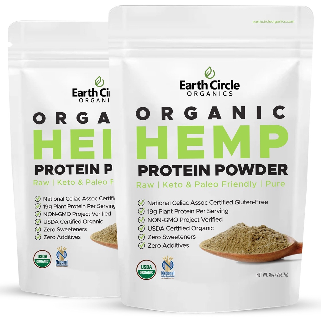 Earth Circle Organics Poudre de protéines de chanvre biologique, laboratoire testé 100% sans gluten, à base de plantes et végétalien poudre de protéines brutes - parfait pour le kéto, Shakes de remplacement des repas, pré & post entraînement (8oz, pack de 2)