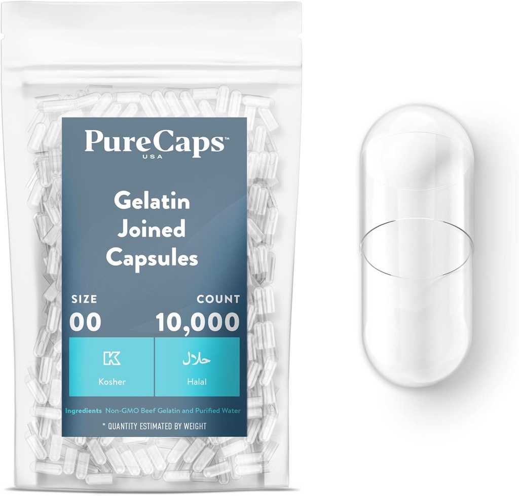 PureCaps États-Unis - Capsules de gélatine vides Taille 00:00 10,000 Pills jumelés Effacer:00 Non-OGM Certifié: SLS, Gluten, Sans conservateur
