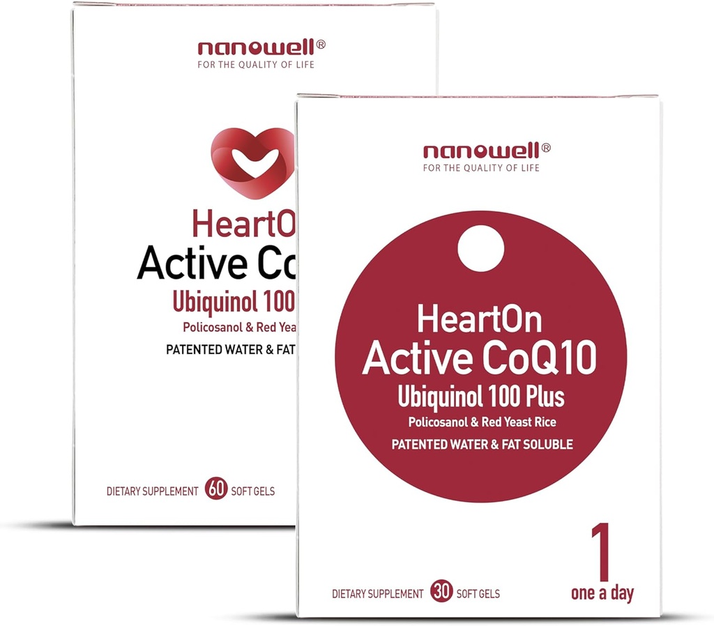 NANOWELL HeartOn Active CoQ10 Kaneka Ubiquinol 100 Plus Supplément santé cardiaque - 30 Softgels X 1 Boîte pendant 1 mois (30 Compte)