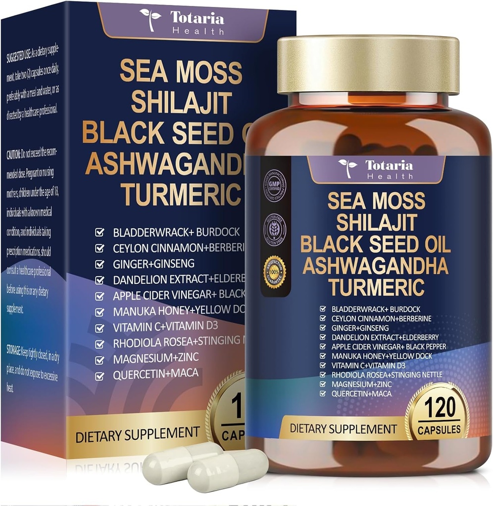 25-en-1 Sea Moss Black Seed Oil Ashwagandha Ginger Shilajit Supplément, Sea Moss Capsules Pro avec Bladder Burdock Ceylon Cinnamon Berberine ACV Manuka VIT C & D3 pour les hommes Femmes, 120 Caps végétaliens