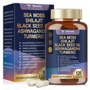25-en-1 Sea Moss Black Seed Oil Ashwagandha Ginger Shilajit Supplément, Sea Moss Capsules Pro avec Bladder Burdock Ceylon Cinnamon Berberine ACV Manuka VIT C & D3 pour les hommes Femmes, 120 Caps végétaliens