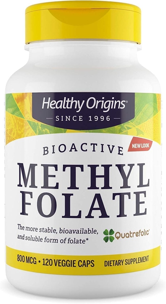 Origines saines Folate de méthyle 800 mcg (Quatrefolic, Non-OGM, Biodisponible Folate, Sans gluten, Soutien aux neurotransmetteurs), 120 capsules de légumes