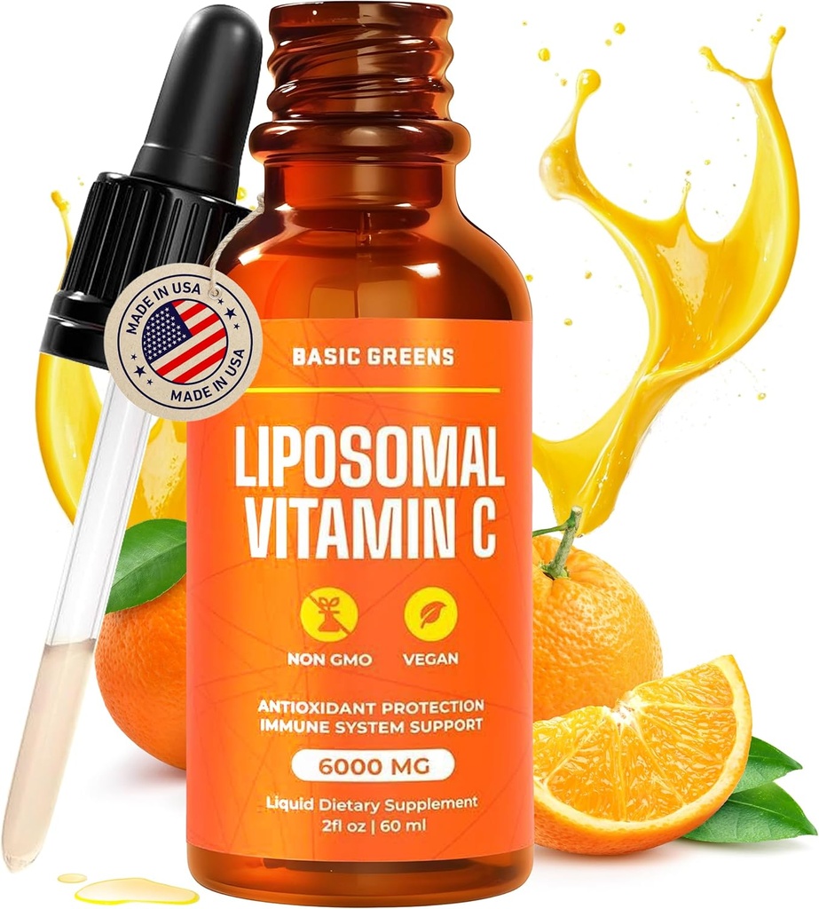 Vitamine Liposomique C Liquide 6000mg – Supplément liquide haute absorption C pour le soutien immunitaire, antioxydant et santé de la peau – Non-OGM, végétalien, formule douce – 2 fl oz
