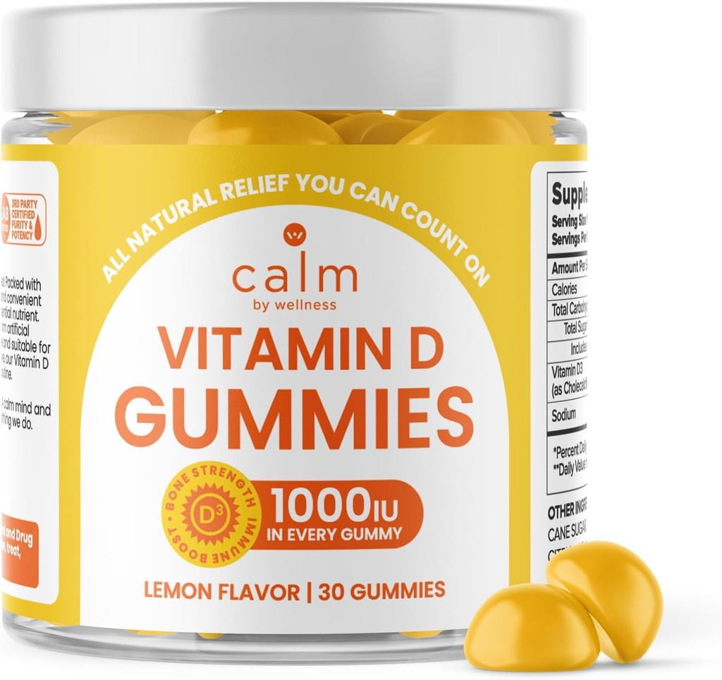 Calm by Wellness Gummies Vitamine D pour adultes, Vitamine D3 Gummy, Vitamines pour os et système immunitaire, Saveur de citron, 30 Compte