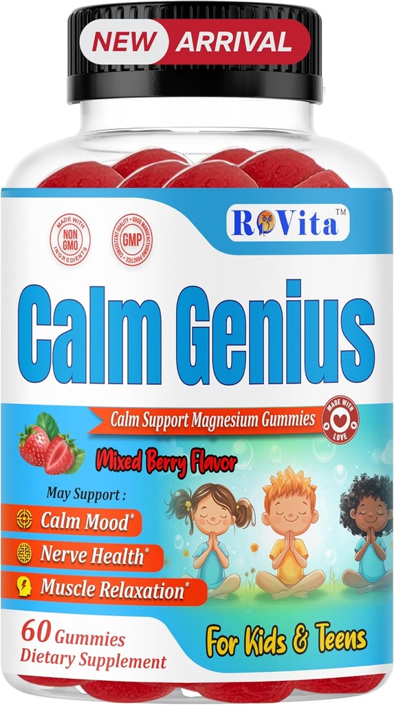 Gummies de magnésium pour les enfants de Genius calme – Supplément de détente et de calme pour les enfants – Soutiens sommeil, santé osseuse et muscles – Gummies de citrate de magnésium – 60 comtes, 2 mois d'approvisionnement