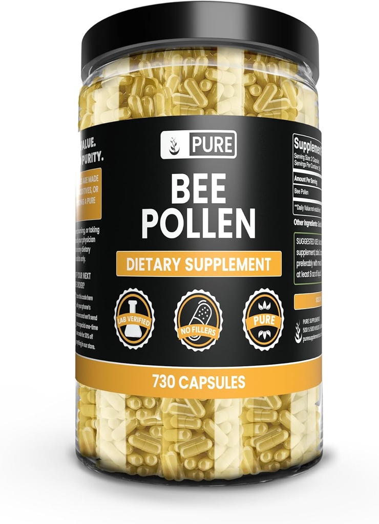 PURE ORIGINAL INGRÉDIENTS Pollen d'abeilles, Pas de magnésium ou de farine de riz, Toujours pur, Vérifié en laboratoire (730 capsules)