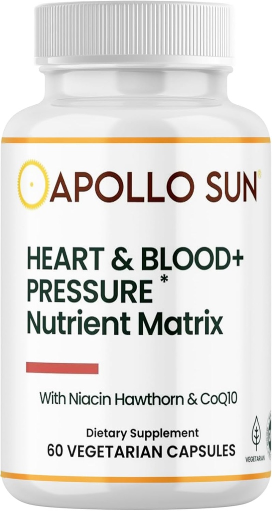 APOLLO SUN Heart and Blood+Pression Supplement Nutrient Matrix with Hawthorn Extract, Niacine et COQ10, 60 Capsules végétariennes